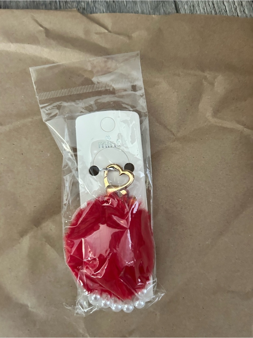 4/$50 Red Faux Fur and Pearl Keychain with Gold Heart Accent